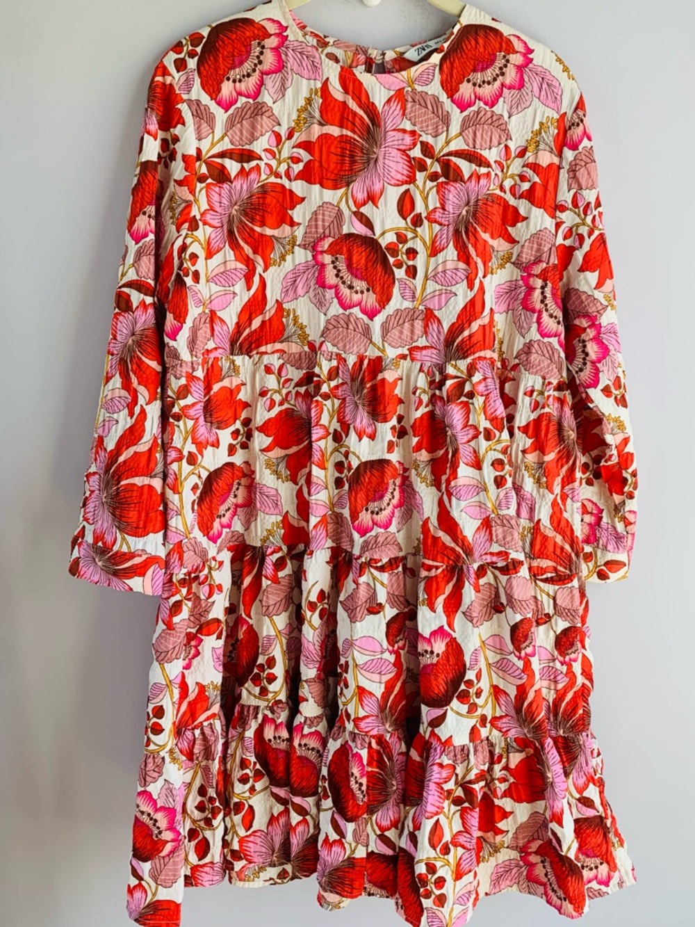 Zara Sharon Babydoll Swing Dress Pink White Floral Tiered Boho Summer EUC Small
